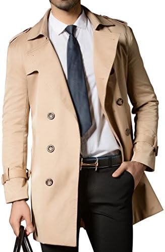 Khaki Mens Trench Coat Belt Spring Thin Double Breasted Jacket Overcoat Outwear