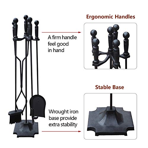 5 Pieces Wrought Iron Fireplace Tools Set Firepit Fireset with Handles, with Poker, Tongs, Shovel, Brush, Sturdy Center Stand - Thumbnail 3