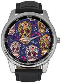 Sugar Skull Men's Stainless Steel Leather Strap Waterproof Band Wrist Watch for Dia De Los Muertos Collectors - Black