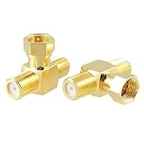 2pcs T shape F-Type F 1 Male to F 2 Female RF Adapter Connector Gold Tone Plated