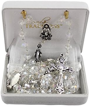 Bundle: Crystal Bead Marian Rosary with White Organza Bag in Gift Box Clear