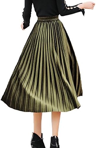 Tifus Dress Women's Vintage Luster Elastic Waist Velvet A-line Pleated Midi Skirt, Army Green, One Size