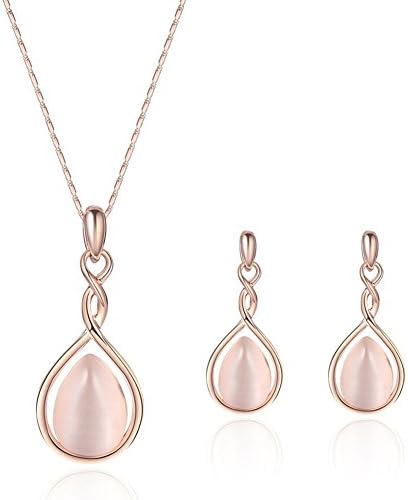 DINGFASHION Elegant Pearl Crystals Rose Gold Plated Jewelry Sets Waterdrop Heart Necklace Earrings for Womens Wedding