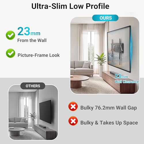 BONTEC Support Mural TV Fixe pour Téléviseurs 43 à 100 Pouces, Ultra Fin 23 mm, Charge Maximale 100 kg, VESA Max 800x600 mm, Fixation Murale Ultra Plate, Plaque Monobloc, Verrouillage Auto Sécurisé