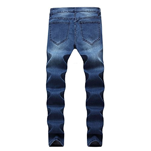 Edenun Mens Jeans Ripped Destroyed Stretchy Knee Holes Slim Tapered Leg Long Pants Streetwear Younger-Looking Trousers Deep Blue - Thumbnail 2
