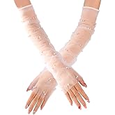 DPWOUM Long Wedding Tulle Gloves White Pearl Bridal Arm Sleeves Elbow Length Fingerless Ruched Gloves for Women and Girls Bridal Opera Party