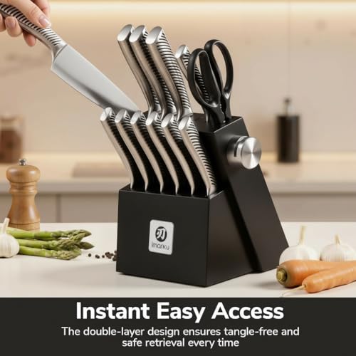 imarku Knife Block Set, 14-Piece Kitchen Knife Set with Built-in Sharpener, Razor Sharp Japanese High Carbon Stainless Steel Knives, Dishwasher Safe, Ideal Birthday Gift for Mom & Dad, Black