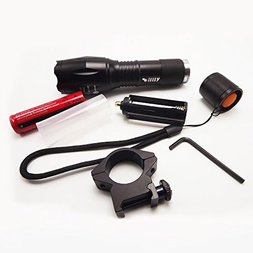 ilily 800 Lumens LM White CREE XM-L T6 LED Flashlight Torch Light Lamp Zoomable 5-Modes LED Flash Light 1*18650 Rechargeable Battery+Universal Battery Charger+Rifle Gun Mount For Hiking