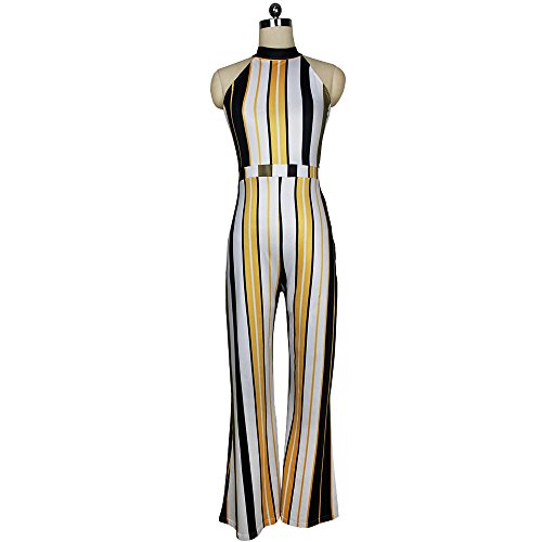 Women's Sleeveless Jumpsuit Turtleneck Stripes Playsuit High Waist Flared Jumpsuits Rompers Pant(Yellow,M)