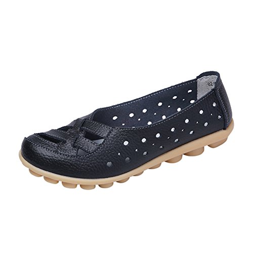 Women's Soft Flat Shoes,Breathable Walking Leather Loafers Round Toe Driving Shoes Slip On Sneakers Office Work Shoes (Black, US:7)