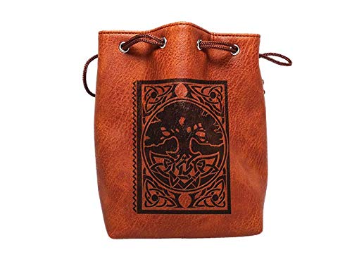 Brown Leather Lite Large Dice Bag with Spell Book Design - Brown Faux Leather Exterior with Lined Interior - Stands Up on its Own and Holds 400 16mm Polyhedral Dice