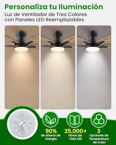 Airwit Ventilador de Techo con Luz de 107cm, 42 Inch Ceiling Fan, Abanicos de Techo Montaje Empotrado con Control Remoto, 6 Velocidades, Luz LED de 3 Colores, 5 Cuchillas, Motor CC Reversible, Negro
