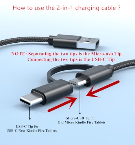 Braided Cable for Old and New Kindle,Kindle Paperwhite, Kindle Fire,Amazon Fire Tablet, 6.6Ft USB to Micro-USB and USB-C 2IN1 Cord