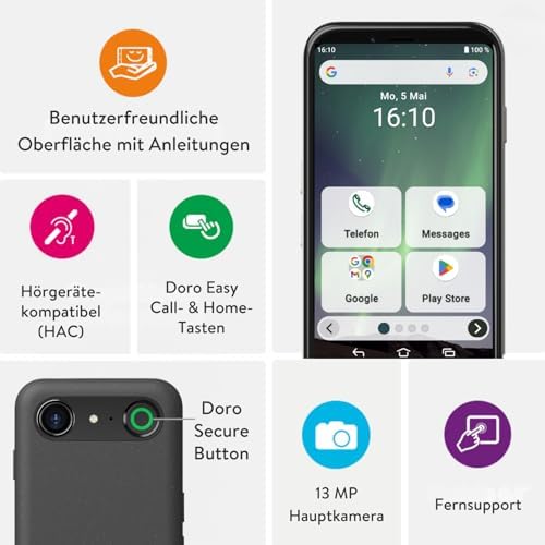 - Aurora A10 Mobiltelefon - Senioren-Smartphone - Einfach zu bedienen - Assistenz-Taste mit GPS-Ortung - Hörgeräte-kompatibel - Inklusive USB-Kabel - Weiß
