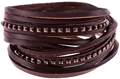True Heart Style Multistrand Genuine Leather Cuff Bracelet with Pyramid Studs - Wrap Leather Studded Bracelet 7 Colors
