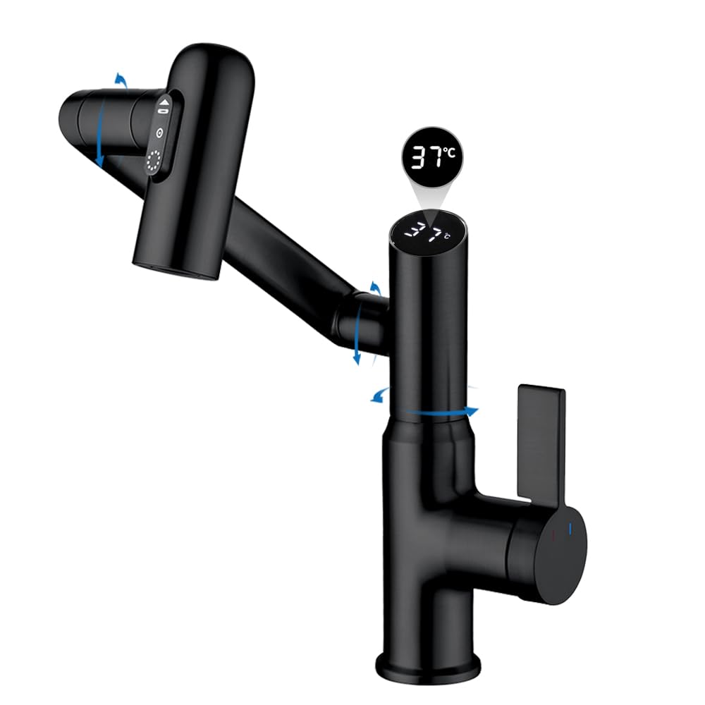 Temperature Bathroom taps,2 Sprays,No Electrical Temperature Display Single Handle Bathroom taps,Bathroom Sink taps (Temperature Display, Matte Black)