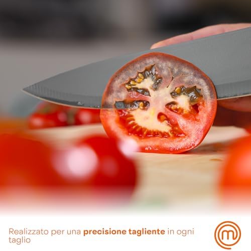 MasterChef Set Coltelli da Cucina con Ceppo Universale, Portacoltelli con Lama Affilato per Pane, Carne, Verdure e altro, Acciaio Inox, Prova di Calore, Manici Neri, 5 Pezzi, Nero