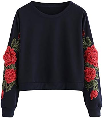 SUJING Women Long Sleeve Rose Embroidery Applique Sweatshirt O-Neck Pullover Top Blouse S-XL
