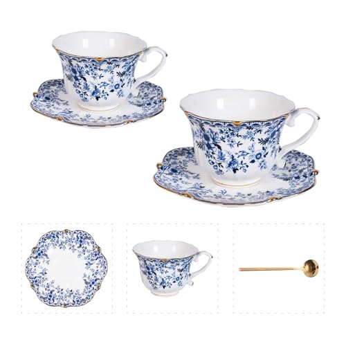 2PCS 250ml Tea Cup and Saucer Set, 8oz Floral Blue Porcelain Coffee Cups for Tea, Cappuccino, Latte, Elegant Vintage Bone China Tea Set for Home or Gift