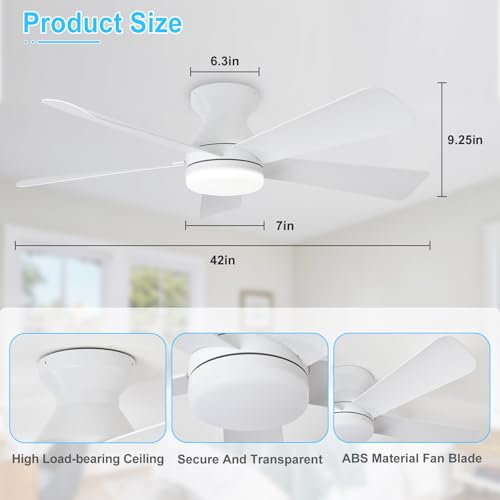 Depuley Modern Ceiling Fan with Light: Small 42 inch White Fan - Dimmable Ceiling Fan with Remote Control 5 Reversible White Blades 6 Speeds Timer