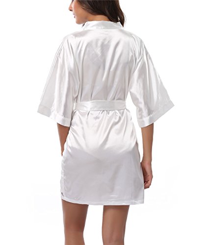 FADSHOW Women's Solid Color Kimono Robes Bathrobes Short Wedding Robes for Bridal Party,White