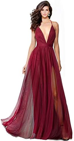 Alluring deep v-Neckline Spaghetti Straps Criss-Cross Open Back Tulle Dual Front Slits Evening Prom Formal Dress
