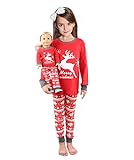 Girls Matching Doll&toddler Deer 4 Piece long cotton Christmas Pajamas Kids Pjs