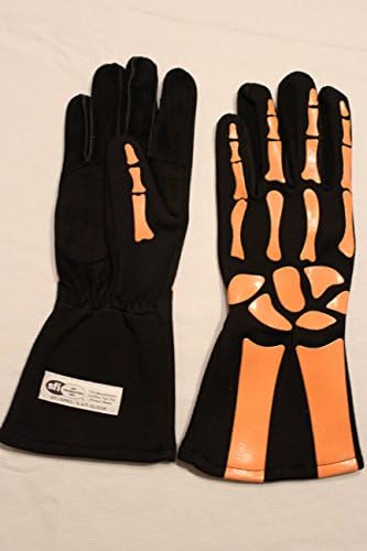 Cuircon - Auto Racing Nomex Skeleton Gloves - Black Glove with Orange Skeleton Print - Medium