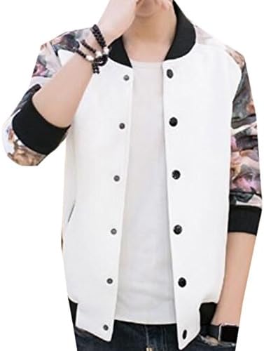 YLnini Mens Stand Collar Fashion Casual Print Baseball Coat White XXL