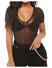 Body básico de manga corta con cuello redondo y malla transparente para dama