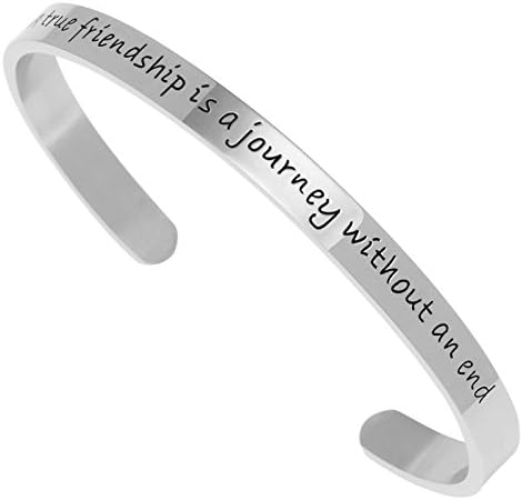 Premium Stainless Steel Inspirational Cuff Bangle Bracelet - "A true friendship is a journey without an end" (Cuff Bangle - Silver)