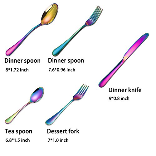 Rainbow colorful flatware set Stainless Steel silverware Tableware Set for 4,20piece,Dinnerware Set Service for 4,Include Knife/Fork/Spoon/Teaspoon/Fruit fork (Rainbow Multicolor)