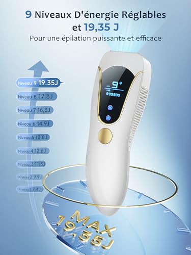 Pulsed Light Hair Remover with Cooling Function, Laser Epilator with 999,900 Flashes, 9 Energy Levels, IPL Hair Removal for Face, Armpits, Legs and Bikini - Men and Women, White