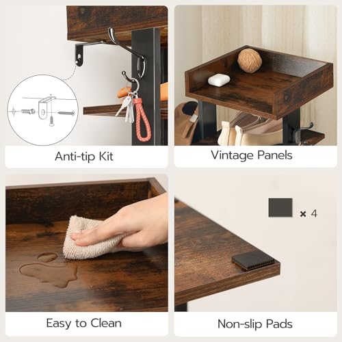 HOOBRO Vertical Shoe Racks for Entryway, 7 Tier Narrow Shoe Shelf with Hooks, Tall Shoe Organizer for Hallway, Bedroom, Stackable Shoe Stand for Samll Space, Adjustable Height, Rustic Brown EBF61XJ01