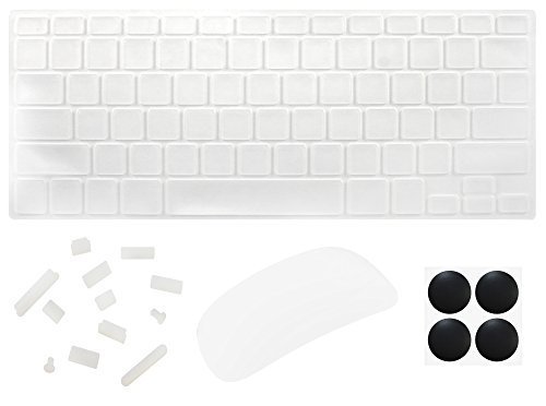 4 in 1 Lilware Accessory Kit for Apple MacBook Air 13". Set of Waterproof USA Keyboard Cover (Compatible Also with MacBook Pro 13.3" and 15.4" Retina) + Magic Mouse Softskin Protector + Anti Dust Plugs + 4 Pack Replacement Rubber Feet. Transparent