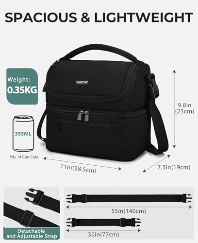 VASCHY Lunch Bag, Insulated Lunch Box Leak-proof Cooler Bag in Dual Compartment Lunch Tote for Men, Women, 14 Cans (Black)