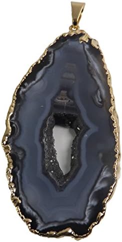 Agate Pendant Jewelry, Geode Slice, a Unique Polished Natural Stone from Brazil, with a Center of Druzy Crystals, Large Size 2"-2 3/4" Gold-Plated Edge in Gift Box
