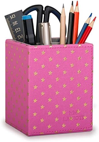 LAMOTI Leather Pen Holder, 2 Compartments Pencil Cup & Organizer for Essential Desktop Supplies, Handcrafted (Pink)
