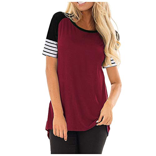 Moilant Women Striped Sleeves Tops Short Sleeve Casual Blouse Soft Comfortable Tunics Red