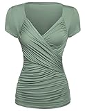 OURS Women's Cross Front V Neck Ruched Cap Sleeve Blouse Wrap Tee Shirt