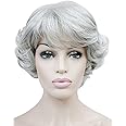 GOOACTION Granny Short Curly Fluffy Silver Gray Wig with Bangs for Old Middle Aged and Elderly Women High Temperature Synthet