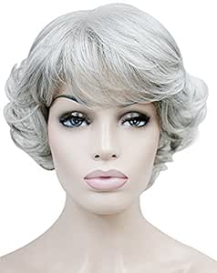 GOOACTION Granny Short Curly Fluffy Silver Gray Wig with Bangs for Old Middle Aged and Elderly Women High Temperature Synthetic Granny Halloween Cosplay Hair Wigs