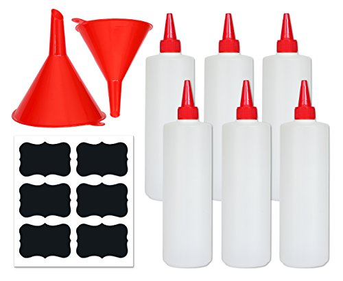 Premium Plastic Squeeze Squirt Bottles for Sauces with Leak-Proof Cap (16 oz, 6 pack) with Writable Exterior and Funnels | Ideal for Condiments, Ketchup, BBQ, Dressing, Paint, Workshop and Pancake Art