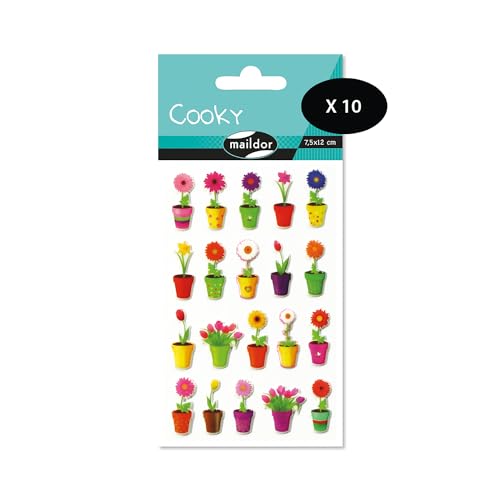 MY MANDARINE 560415Cpack - GOMMETTES 3D Cooky - LOT DE 10 planches 12x8 cm - 200 stickers - FLEURS EN POT