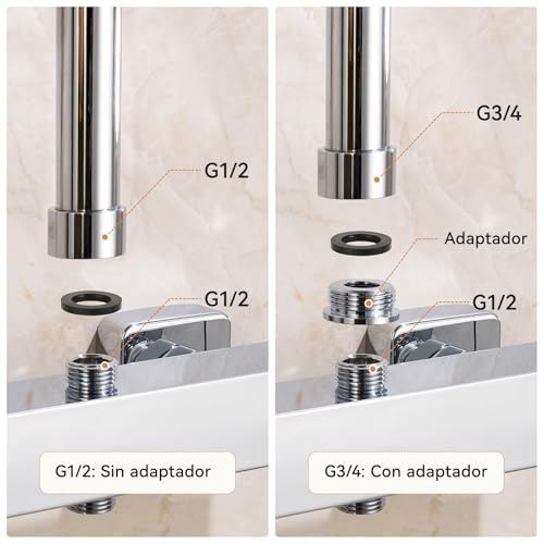 Auralum Thermostatic Shower and Bath Tap, Anti-scald Cold Body Wall Mixer with Button 38 °C, 2 G1/2 Inch Taps, Adapter G3/4 Inch, Adjustable 135-165 mm, Universal Replacement, Chrome