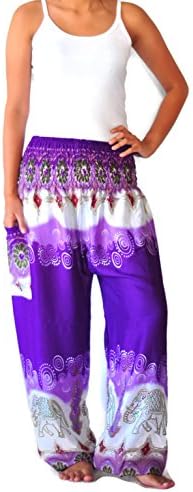 Ahh pants Women's Comfy Boho/Harem Pants Peacock Brautiful Print Rayon Fabric One Size Purple