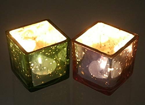 Arham Trades Square Votive Royal Glass Tea Light Candle Holder with 2 Tea Light Candle (Multicolour) - Set of 2