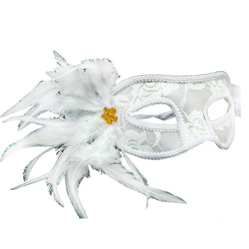 Elife White Semi-transparent Feather Lace Facial Mask for Costume Party Masquerade
