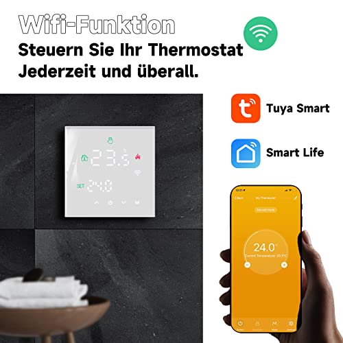 Beok Thermostat Underfloor Heating Smart, WiFi Room Thermostat for Water Underfloor Heating Thermostats Heating Digital LCD Programmable Compatible with Alexa, Google Home 3A 230V TGW60W-WIFI-WP White