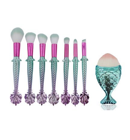 Unicorn Mermaid Makeup Brush Set with Rainbow Metallic Mermaid Fishtail - 7 piece Makeup Brush Set with Powder, Blush, Concealer &amp; Eye Makeup Brushes (7pc + Kabuki, Turq/Pink)